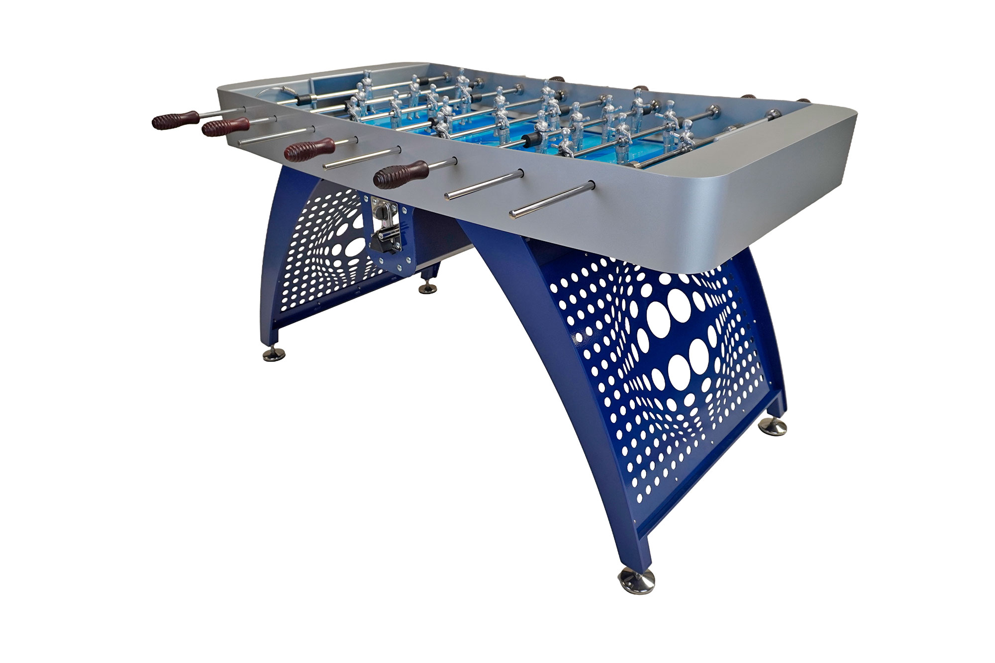 Futbolín AC005 Plata-Azul, base diseño balón con mangos caoba