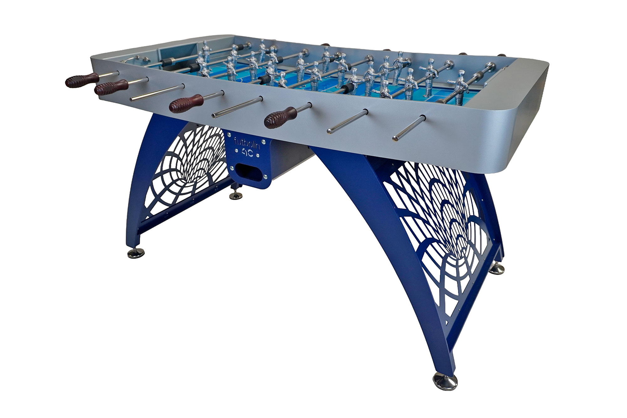 Futbolín AC006 Plata-Azul, base diseño efecto tubo con mangos caoba - Imagen 4