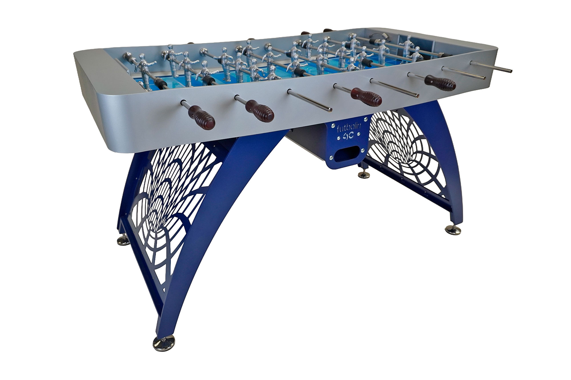 Futbolín AC006 Plata-Azul, base diseño efecto tubo con mangos caoba